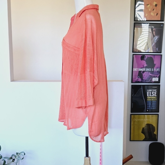 🏷️J.N.N.A. Coral Open Weave Mesh Button Front Blouse Short Sleeve Size 2X - Picture 9 of 11